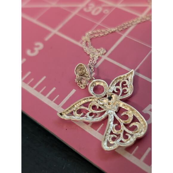 925 Sterling Silver Filigree Angel W/ 10K Yellow Gold Heart Pendant 18" Necklace - Picture 4 of 8